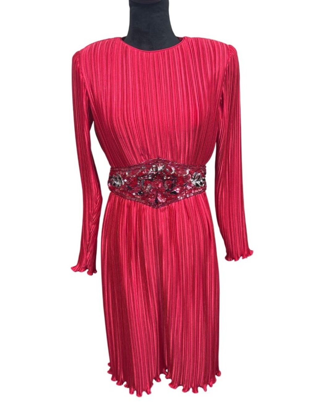 Vtg 80s Leslie Faye Red Satin Cocktail  SZ 4 Sequin Beaded Pleated Retro Glam